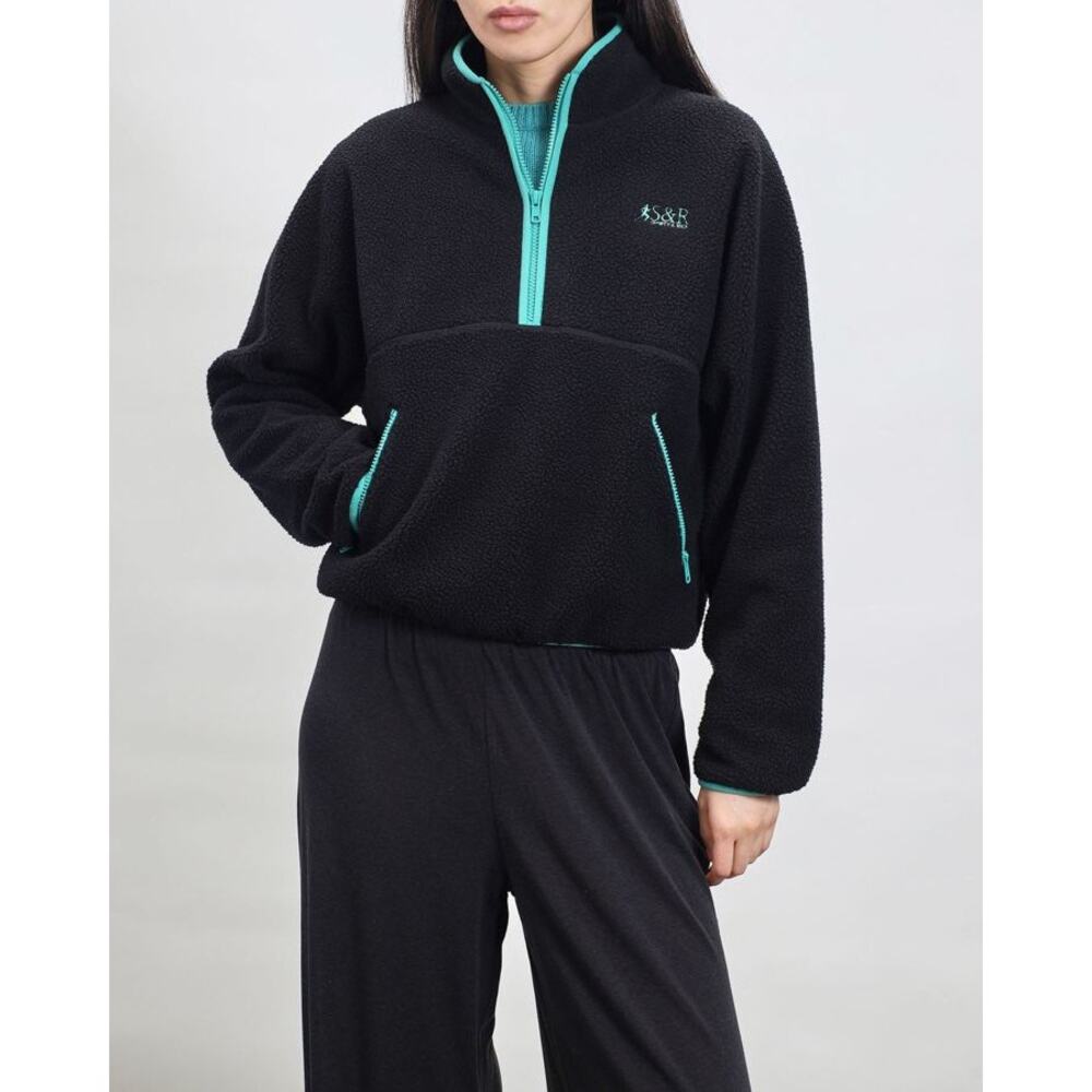 Sporty & Rich SR Runner Sherpa Quarter Zip Pullover Black Teal Fleece Jacket XL